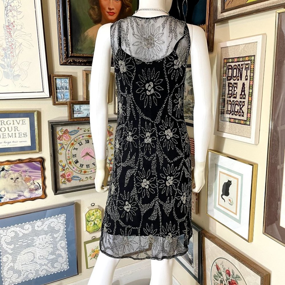 Papell Boutique Evening Black Sleeveless 20's Style Dress with all Over Beading - Picture 5 of 10
